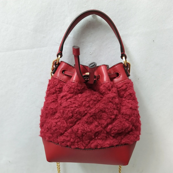 Tory Burch Willa Boucle Red Tweed Mini Drawstring Bucket Crossbody Bag - Picture 1 of 16